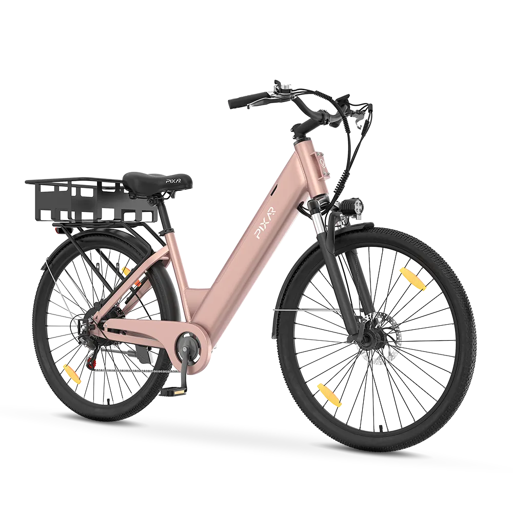 Pink PIXAR C1 electric bike with a black rear basket