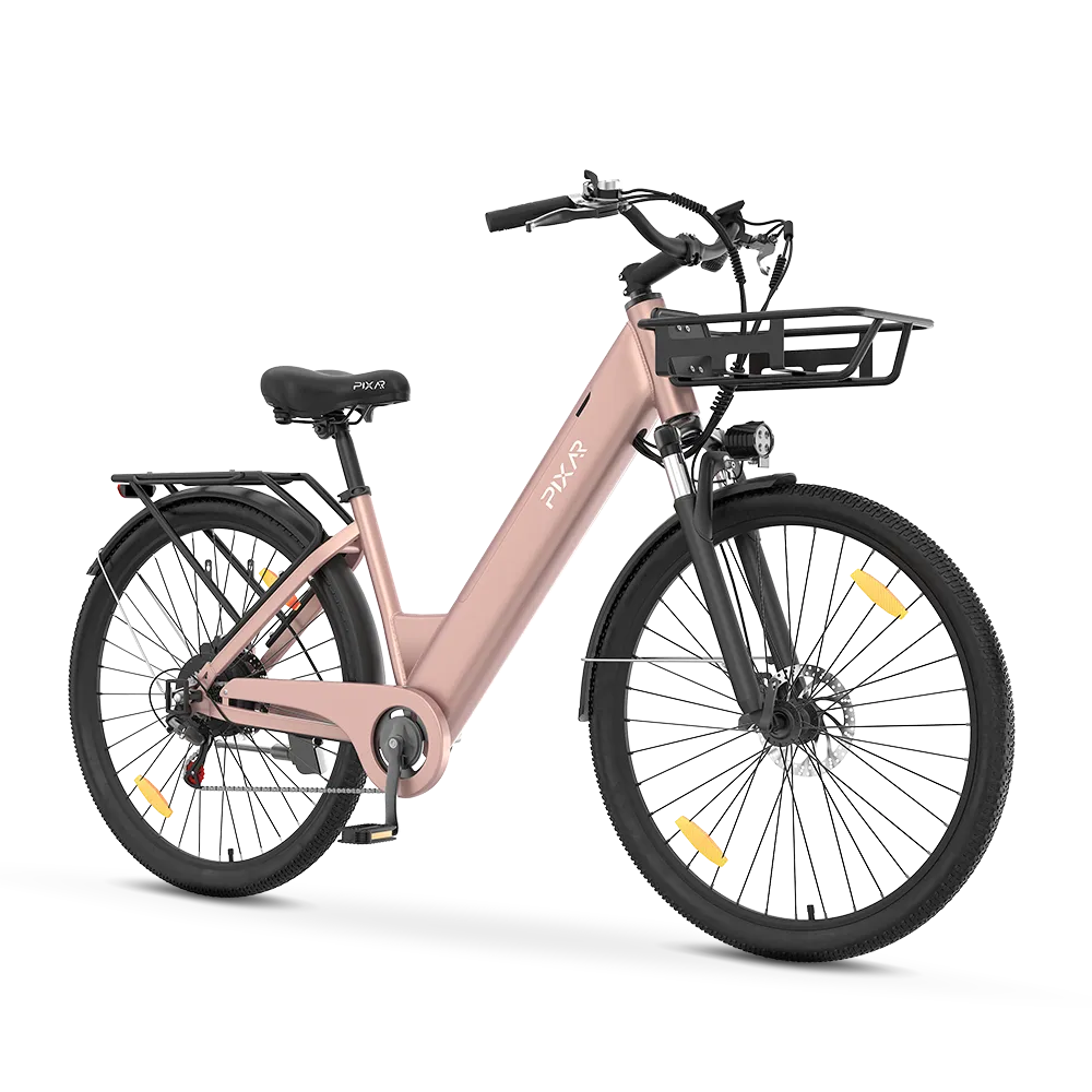 Pink PIXAR C1 electric bike with a black front basket